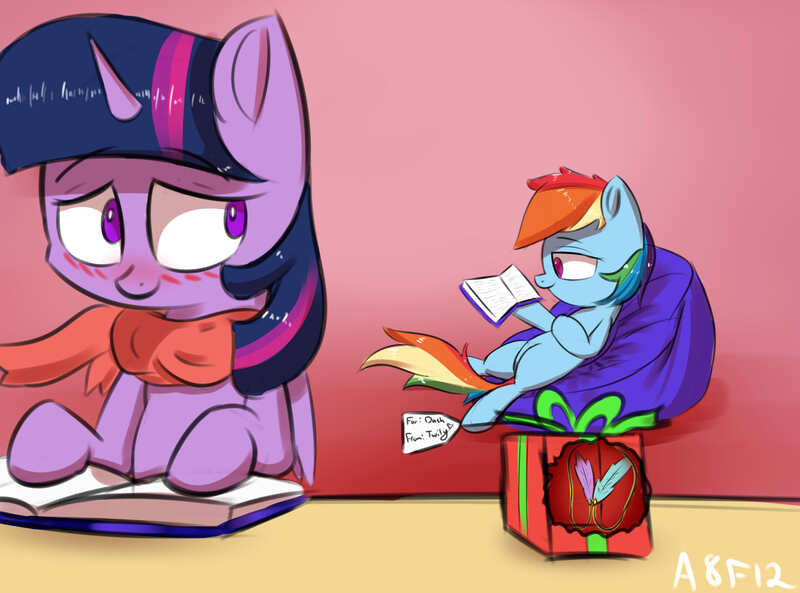 Size: 2700x2000 | Tagged: safe, artist:a8f12, derpibooru import, rainbow dash, twilight sparkle, twilight sparkle (alicorn), alicorn, book, christmas, female, holiday, lesbian, present, shipping, twidash