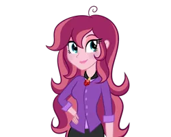 Size: 1000x800 | Tagged: safe, artist:wubcakeva, derpibooru import, oc, oc:contralto, unofficial characters only, equestria girls, adult, clothes, disguised siren, equestria girls-ified, gem, hand on hip, older, shirt, simple background, siren gem, smiling, solo, transparent background