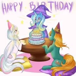 Size: 1024x1024 | Tagged: safe, artist:bunnywhiskerz, derpibooru import, trixie, oc, oc:jd, oc:magnolia mane, earth pony, pegasus, pony, unicorn, birthday, birthday cake, cake, cushion, food, happy, happy birthday, hat, party hat