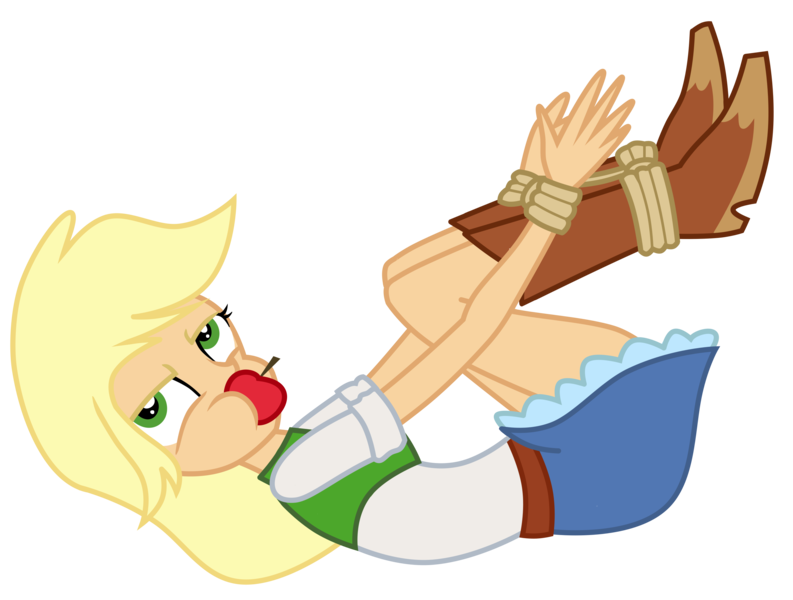 Size: 3064x2318 | Tagged: safe, artist:poniacz-internetuff, derpibooru import, applejack, boast busters, equestria girls, angry, apple, apple gag, belt, bondage, boots, bound and gagged, clothes, cute, denim skirt, equestria girls interpretation, food, gag, high res, hogtied, legs, madorable, miniskirt, on back, scene interpretation, shoes, simple background, skirt, solo, transparent background