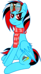 Size: 2678x4795 | Tagged: safe, artist:crimsonskie, derpibooru import, oc, oc:crimson skie, unofficial characters only, pegasus, pony, 2018 community collab, derpibooru community collaboration, clothes, goggles, scarf, simple background, sitting, solo, transparent background