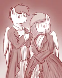Size: 1024x1280 | Tagged: safe, artist:sugar morning, derpibooru import, oc, oc:slipstream, oc:sugar morning, unofficial characters only, anthro, pegasus, anthro oc, clothes, dress, female, male, mare, monochrome, oc x oc, shipping, sketch, stallion, sugarstream, time travelers