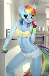 Size: 660x1020 | Tagged: suggestive, artist:tawni-tailwind, derpibooru import, rainbow dash, anthro, pegasus, belly button, breasts, clothes, cute, dashabetes, delicious flat chest, drink, eye clipping through hair, eyebrows visible through hair, female, kitchen, looking at you, mare, multicolored hair, rainbow flat, small breasts, smiling, solo, solo female, sports bra, sports shorts