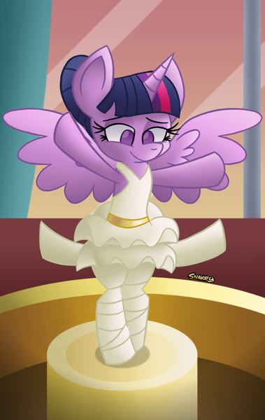 Size: 740x1170 | Tagged: safe, artist:snakeythingy, derpibooru import, twilight sparkle, twilight sparkle (alicorn), alicorn, a royal problem, ballerina, mummification, self bondage, solo, story included, tutu, twilarina, wrapping