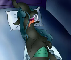 Size: 2000x1700 | Tagged: safe, artist:conicer, artist:metal-jacket444, derpibooru import, edit, queen chrysalis, changeling, changeling queen, bed, digital art, eyes closed, fangs, female, floppy ears, laying on bed, on back, open mouth, pillow, sharp teeth, sleeping, snoring, solo, teeth, tongue out, uvula