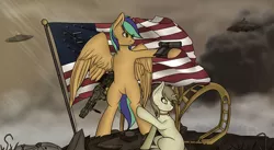 Size: 1024x561 | Tagged: safe, alternate version, artist:syntiset, derpibooru import, oc, oc:naarkerotics, unofficial characters only, pony, semi-anthro, fallout equestria, american flag, bell, bell collar, burn, cigarette, collar, dark cloud, enclave, female, flag, flying saucer, glock, grand pegasus enclave, gun, handgun, male, mare, overcast, pistol, rain, red button, smoke, stallion, ufo, weapon, wings