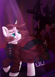 Size: 1250x1750 | Tagged: safe, artist:breioom, derpibooru import, oc, oc:light landstrider, unofficial characters only, unicorn, castle, dark background, long mane, looking back, majestic, red coat, serious, solo, spooky, windswept mane
