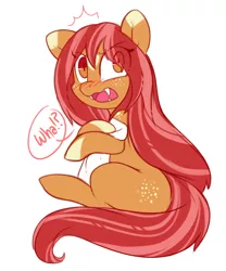 Size: 482x580 | Tagged: safe, artist:esmeia, derpibooru import, oc, oc:cinnamon crisp, unofficial characters only, earth pony, pony, blushing, body freckles, dialogue, female, freckles, looking at you, mare, offscreen character, solo, straight hair, surprised
