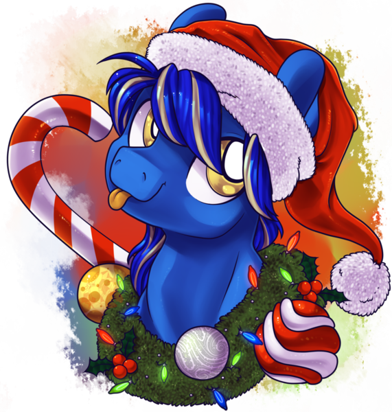 Size: 1024x1076 | Tagged: safe, artist:breioom, derpibooru import, oc, oc:diamond, unofficial characters only, :p, bust, christmas, christmas lights, christmas wreath, hat, holiday, male, portrait, santa hat, silly, simple background, solo, tongue out, transparent background, wreath