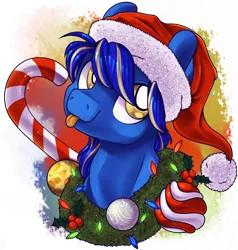 Size: 1024x1076 | Tagged: safe, artist:breioom, derpibooru import, oc, oc:diamond, unofficial characters only, :p, bust, christmas, christmas lights, christmas wreath, hat, holiday, male, portrait, santa hat, silly, simple background, solo, tongue out, transparent background, wreath