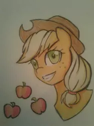 Size: 1200x1600 | Tagged: safe, artist:ponime11, derpibooru import, applejack, pony, bust, portrait, solo, traditional art