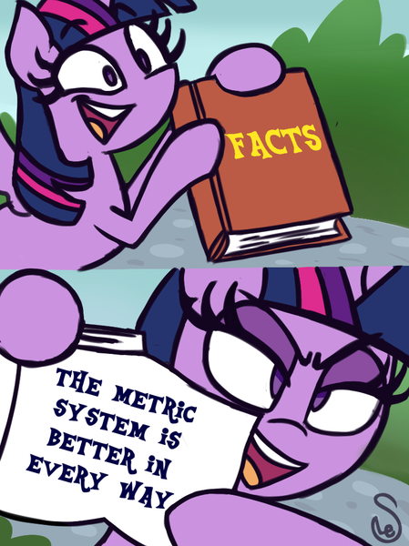 Size: 760x1015 | Tagged: safe, artist:quarium edits, derpibooru import, edit, twilight sparkle, twilight sparkle (alicorn), alicorn, pony, 2 panel comic, book, comic, ed edd n eddy, evil grin, exploitable meme, female, grin, hoof hold, mare, meme, metric system, mouthpiece, smiling, solo, twilight's fact book