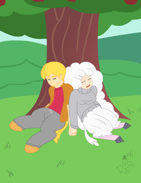 Size: 2550x3300 | Tagged: artist:oneovertwo, derpibooru import, holding hands, oc, oc:bucky, oc:eirwen, oc x oc, offspring, offspring shipping, parent:applejack, parent:sheep, safe, satyr, shipping, sleeping, tree, unofficial characters only