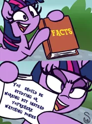 Size: 760x1015 | Tagged: safe, artist:quarium edits, derpibooru import, edit, twilight sparkle, twilight sparkle (alicorn), alicorn, pony, 2 panel comic, blatant lies, book, comic, ed edd n eddy, exploitable meme, female, hoof hold, i regret nothing, mare, meme, mouthpiece, sad, solo, twilight's fact book