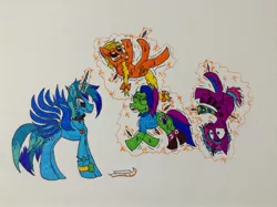 Size: 2592x1936 | Tagged: safe, artist:frollo7797, derpibooru import, oc, oc:flora boldbash, oc:moonshine twinkle, oc:orangejack, oc:tammy spears, unofficial characters only, alicorn, earth pony, pony, unicorn, alicorn amulet, alicorn oc, artificial wings, augmented, boots, clothes, ear piercing, earring, eyes closed, female, fetish, glasses, glowing horn, hoof fetish, hoof tickling, jewelry, magic, magic wings, mare, open mouth, piercing, shoes, socks, sweat, tattoo, tickle fetish, tickle torture, tickling, traditional art, wings