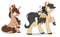 Size: 1024x638 | Tagged: safe, derpibooru import, oc, oc:playbitz, oc:siren bliss, unofficial characters only, pegasus, pony, unicorn, cait noir, kwami, miraculous ladybug, plagg, sirenbitz, tikki