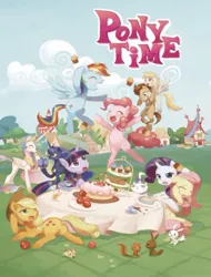 Size: 338x445 | Tagged: alicorn, applejack, artist:sung and ama, cake, derpibooru import, derpy hooves, doctor whooves, fluttershy, food, lowres, mane six, opalescence, picnic, picnic table, pinkie pie, pony time, princess celestia, princess luna, rainbow dash, rarity, safe, table, time for ponies, time turner, twilight sparkle, twilight sparkle (alicorn)