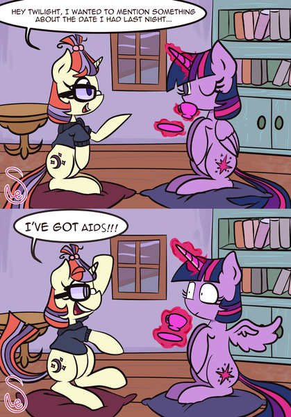 Size: 1395x1998 | Tagged: suggestive, artist:quarium edits, derpibooru import, edit, moondancer, twilight sparkle, twilight sparkle (alicorn), alicorn, pony, unicorn, aids, blushing, clothes, comic, cup, dialogue, doesnt matter had sex, drinking, duo, food, glasses, glowing horn, hiv, implied sex, magic, recolor, sitting, speech bubble, surprised, sweater, tea, teacup, telekinesis, turtleneck