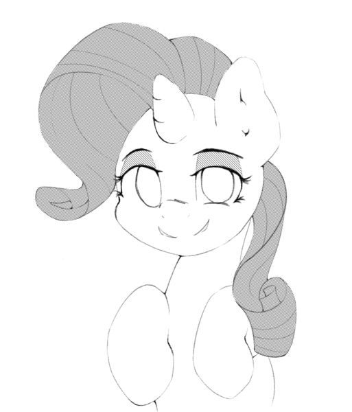 Size: 926x1082 | Tagged: safe, artist:lyrabop, derpibooru import, rarity, pony, unicorn, black and white, female, grayscale, looking at you, monochrome, simple background