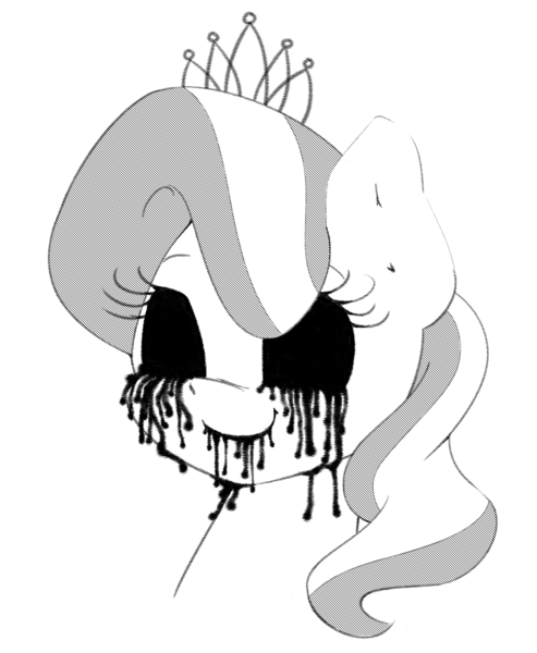 Size: 834x1015 | Tagged: grimdark, alternate version, artist:lyrabop, derpibooru import, diamond tiara, earth pony, pony, adoracreepy, black and white, creepy, creepypasta, cute, grayscale, grimcute, monochrome, possessed, possession, possessive, simple background, solo, zalgo, zalgo edit