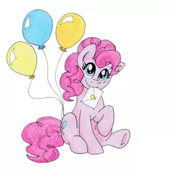 Size: 1024x1046 | Tagged: safe, artist:sonic-spatula, derpibooru import, pinkie pie, earth pony, pony, balloon, envelope, looking at you, mouth hold, raised hoof, simple background, sitting, smiling, solo, traditional art, white background