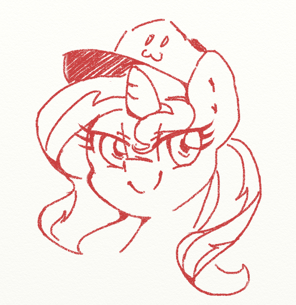 Size: 588x605 | Tagged: safe, artist:lyrabop, derpibooru import, sunset shimmer, pony, cute, female, hat, looking at you, monochrome, simple background, sketch, solo