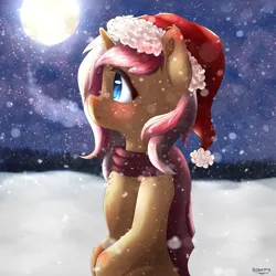 Size: 2500x2500 | Tagged: safe, artist:kourma, derpibooru import, oc, oc:softie swirl, unofficial characters only, unicorn, blushing, chest fluff, christmas, clothes, commission, cute, female, full moon, hat, holiday, moon, night, santa hat, scarf, snow, snowfall, solo, stars, winter, ych result