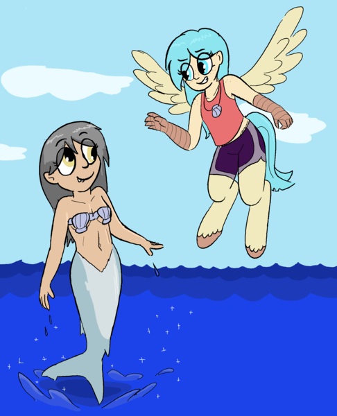 Size: 1718x2121 | Tagged: artist:heretichesh, belly button, clothes, derpibooru import, mermaid, midriff, my little pony: the movie, oc, oc:buoy belle, oc:rusalka, offspring, parent:oc:dingaling, parent:princess skystar, safe, satyr, seashell bra, tanktop, unofficial characters only