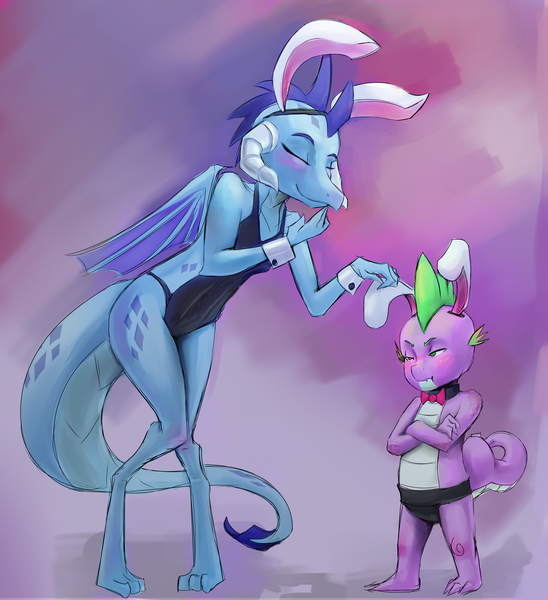 Size: 4109x4500 | Tagged: absurd resolution, animal costume, artist:double-zr-tap, blushing, bowtie, bunny ears, bunny suit, clothes, cosplay, costume, crossed arms, cuffs (clothes), derpibooru import, dragon, emberspike, eyes closed, female, giggling, leotard, male, playboy bunny, princess ember, shipping, smiling, spike, straight, suggestive