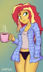 Size: 600x1000 | Tagged: suggestive, artist:empyu, derpibooru import, sunset shimmer, equestria girls, 30 minute art challenge, belly button, black underwear, breasts, chocolate, clothes, female, hot chocolate, midriff, panties, sexy, solo, solo female, underwear