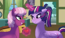 Size: 1024x597 | Tagged: safe, artist:cascayd, derpibooru import, cheerilee, twilight sparkle, twilight sparkle (alicorn), alicorn, earth pony, pony, alternate hairstyle, apple, cheerilight, female, food, lesbian, levitation, looking at each other, magic, ponytail, shipping, telekinesis