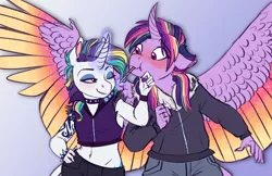 Size: 5100x3300 | Tagged: safe, artist:earthsong9405, deleted from derpibooru, derpibooru import, rarity, twilight sparkle, twilight sparkle (alicorn), alicorn, anthro, unicorn, alternate hairstyle, alternate universe, belly button, blushing, bomber jacket, clothes, colored wings, curved horn, eyeshadow, female, glowing horn, hand on hip, jacket, lesbian, magic, makeup, mare, midriff, mohawk, multicolored wings, one eye closed, punk, punklight sparkle, rarilight, raripunk, raripunklight, ring, shipping, spread wings, telekinesis, wing claws, wings