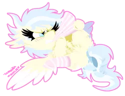 Size: 595x456 | Tagged: safe, artist:vanillaswirl6, derpibooru import, oc, oc:dreamscape, unofficial characters only, pegasus, pony, blushing, bow, chest fluff, chibi, clothes, featureless crotch, fluffy, mouth hold, plot, simple background, socks, solo, spread wings, striped socks, tail bow, transparent background, wings