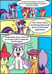 Size: 1120x1579 | Tagged: alicorn, apple bloom, artist:shrabby, comic, cutie mark crusaders, derpibooru import, dialogue, imminent vore, patreon, patreon logo, potion, questionable source, safe, scootaloo, sweetie belle, twilight sparkle, twilight sparkle (alicorn), twipred, varying degrees of want