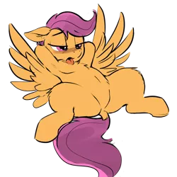 Size: 2000x2000 | Tagged: suggestive, artist:dimfann, color edit, colorist:pegajace, derpibooru import, edit, scootaloo, arm behind head, armpits, blushing, chest fluff, colored, dock, explicit source, featureless crotch, female, filly, flat colors, floppy ears, on back, simple background, sketch, solo, solo female, spread legs, spread wings, spreading, tongue out, transparent background, wings