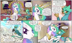 Size: 1920x1149 | Tagged: safe, artist:pencils, derpibooru import, princess celestia, oc, oc:glenda gullwind, alicorn, gryphon, pony, comic:sunbutt sunday, bed, comic, crown, cup, dialogue, drinking, duo, eyeshadow, female, food, glowing horn, horseshoes, hug, jewelry, looking back, magic, makeup, mare, open mouth, peytral, prone, regalia, speech bubble, tea, teabag, teapot, telekinesis, this will end in lesbianism, vase, window, wing hands, winghug
