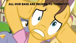 Size: 1280x720 | Tagged: all your base are belong to us, caramel, derp, derpibooru import, dramamel, edit, edited screencap, fame and misfortune, meme, ponyville, safe, screencap, season 7, solo, text, zero wing