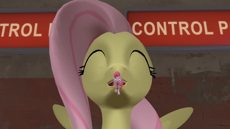 Size: 1280x720 | Tagged: questionable, artist:mrm, derpibooru import, fluttershy, pinkie pie, pony, 3d, cute, fetish, flutterpred, imminent vore, implied vore, macro, non-fatal vore, pinkie prey, shyabetes, soft vore, source filmmaker, unwilling, vore