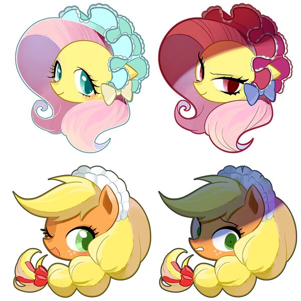 Size: 1350x1350 | Tagged: safe, artist:yam, derpibooru import, applejack, fluttershy, earth pony, pegasus, pony, bonnet, bust, duo, duo female, female, looking at you, mare, one eye closed, simple background, smiling, white background