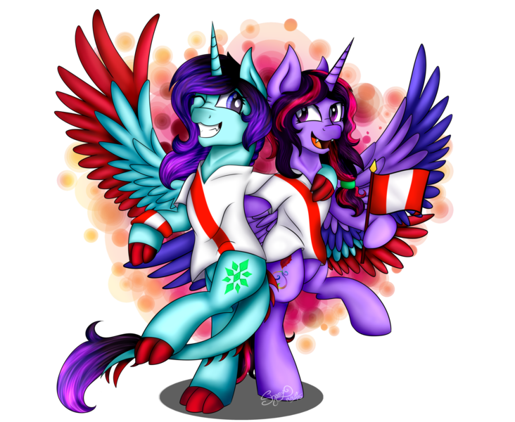 Size: 2500x2050 | Tagged: safe, artist:shamy-crist, derpibooru import, oc, oc:shamy, oc:sunny crist, unofficial characters only, alicorn, dracony, hybrid, pony, alicorn oc, c:, clothes, colored wings, female, flag, football, high res, mare, multicolored wings, peru, shirt, simple background, smiling, sports, transparent background, world cup