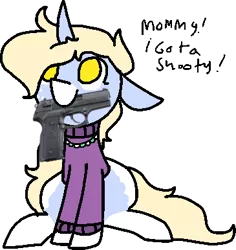 Size: 365x386 | Tagged: safe, artist:nootaz, derpibooru import, oc, oc:nootaz, unofficial characters only, pony, unicorn, clothes, gun, jewelry, mouth hold, necklace, simple background, sitting, sweater, transparent background, weapon