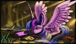 Size: 8640x5040 | Tagged: safe, artist:auroriia, derpibooru import, twilight sparkle, twilight sparkle (alicorn), alicorn, pony, absurd resolution, female, impossibly large ears, mare, prone, smiling, solo, spread wings, stone, wings