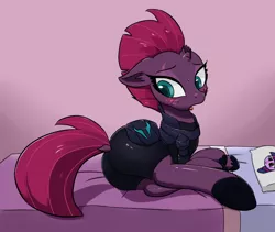 Size: 950x800 | Tagged: armor, artist:mingy.h, bed, broken horn, derpibooru import, dock, embarrassed, female, floppy ears, lying, my little pony: the movie, pillow, plot, solo, suggestive, tempest shadow