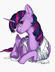 Size: 1000x1300 | Tagged: safe, artist:rossignolet, derpibooru import, twilight sparkle, twilight sparkle (alicorn), alicorn, pony, clothes, female, gray background, looking at you, mare, prone, shirt, simple background, smiling
