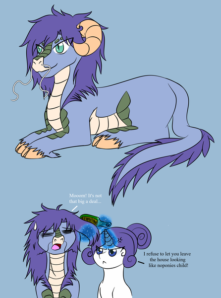 Size: 2115x2843 | Tagged: adopted offspring, artist:jolliapplegirl, derpibooru import, dialogue, female, glowing horn, hybrid, interspecies, kirin, male, mother and son, next generation, oc, oc:lapis hondo lazuli, offspring, parent:fancypants, parent:rarity, parents:canon x oc, parent:unnamed oc, rarity, safe, scales