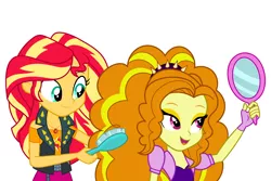 Size: 6000x4000 | Tagged: safe, artist:spottedlions, derpibooru import, part of a set, adagio dazzle, sunset shimmer, equestria girls, absurd resolution, clothes, commission, female, friendshipping, hairbrush, lesbian, mirror, shipping, simple background, smiling, sunsagio, white background