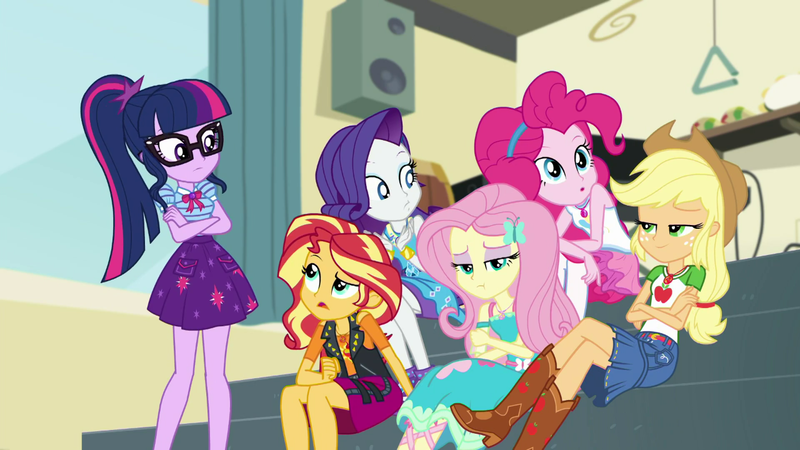 Size: 1280x720 | Tagged: safe, derpibooru import, screencap, applejack, fluttershy, pinkie pie, rarity, sci-twi, sunset shimmer, twilight sparkle, equestria girls, equestria girls series, overpowered (equestria girls), clothes, geode of fauna, geode of sugar bombs, geode of super strength, geode of telekinesis, glasses, music room, ponytail, sitting