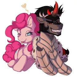 Size: 4000x4000 | Tagged: safe, artist:tai-l-rodriguez, derpibooru import, king sombra, pinkie pie, earth pony, pony, unicorn, :p, armor, cape, clothes, colored horn, crack shipping, curved horn, female, grin, heart, horn, male, mare, one eye closed, shipping, simple background, smiling, sombra's horn, sombrapie, stallion, straight, tongue out, white background, wink