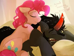 Size: 1280x960 | Tagged: safe, artist:tai-l-rodriguez, artist:tailung, derpibooru import, king sombra, pinkie pie, pony, biting, crack shipping, drool, ear bite, female, male, shipping, sleeping, sombrapie, straight