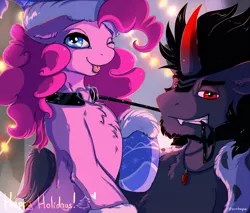 Size: 2000x1700 | Tagged: suggestive, artist:evange, artist:tai-l-rodriguez, derpibooru import, king sombra, pinkie pie, earth pony, pony, unicorn, :p, cape, chest fluff, clothes, collar, colored horn, crack shipping, curved horn, female, femsub, floppy ears, fluffy, gloves, grin, happy holidays, happy new year, hat, heart, hearth's warming, holiday, horn, jewelry, leash, lidded eyes, looking at you, male, maledom, mare, necklace, one eye closed, shipping, smiling, socks, sombra's horn, sombrapie, stallion, straight, submissive, tongue out, wink